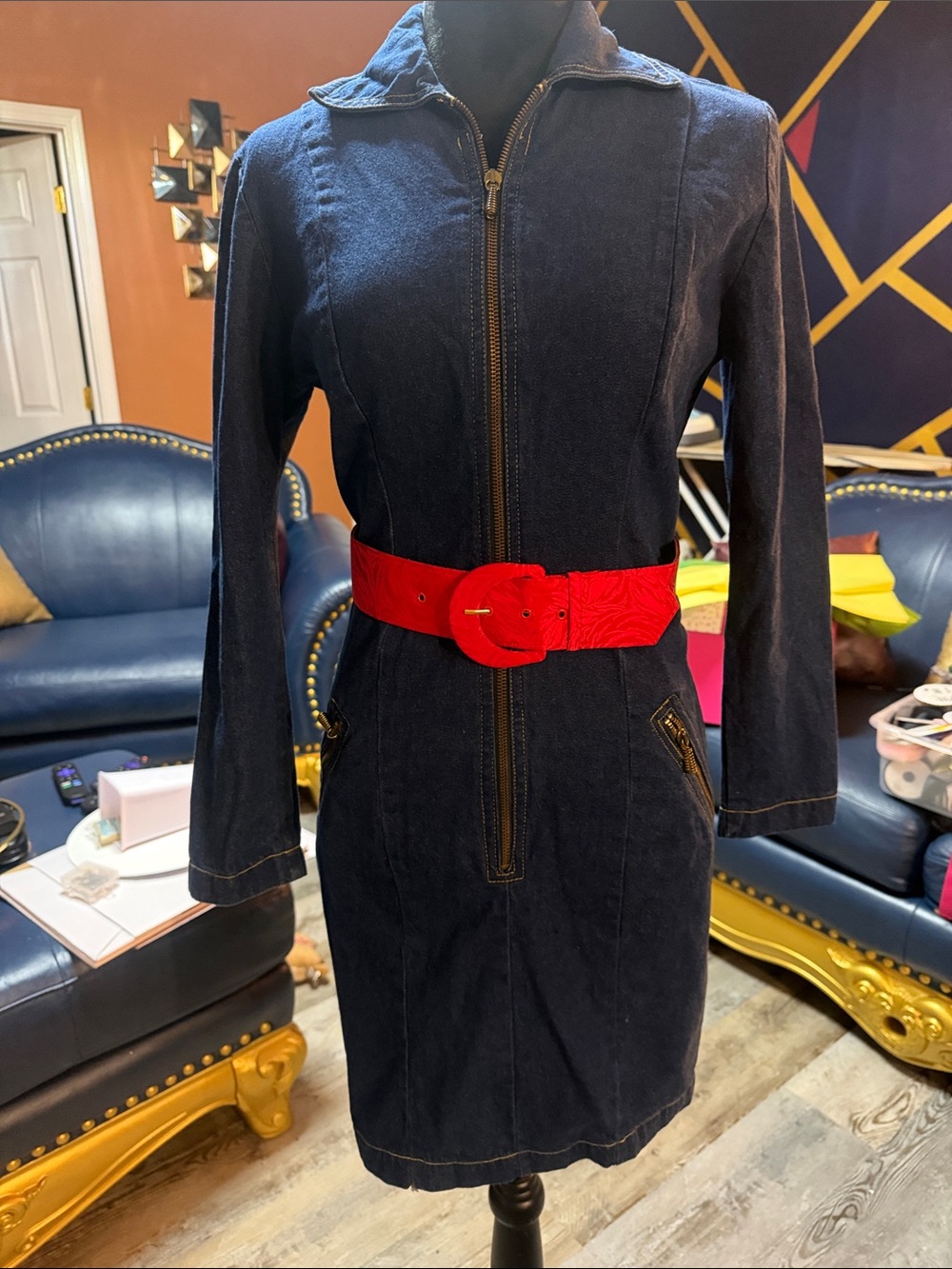 Vintage Expo Denim Zip-Front Dress and Zip pockets  - Dark Denim